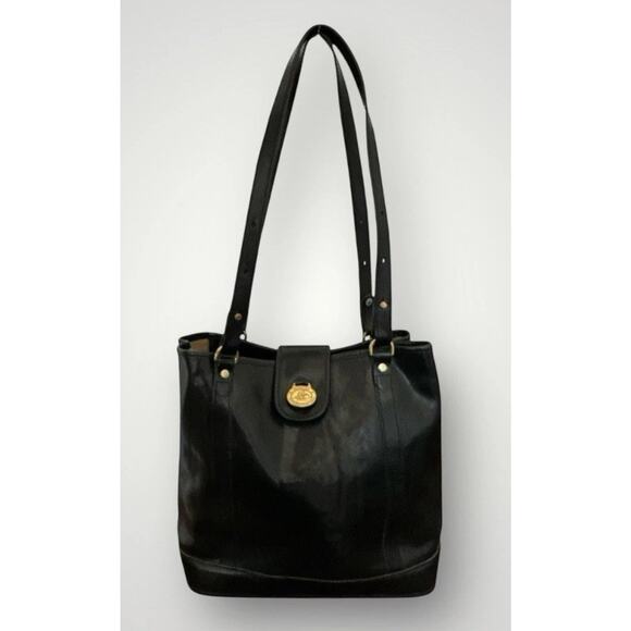 Brahmin Vintage Shoulder Bag Black Leather Bucket Shoulder Purse Gold Hardware